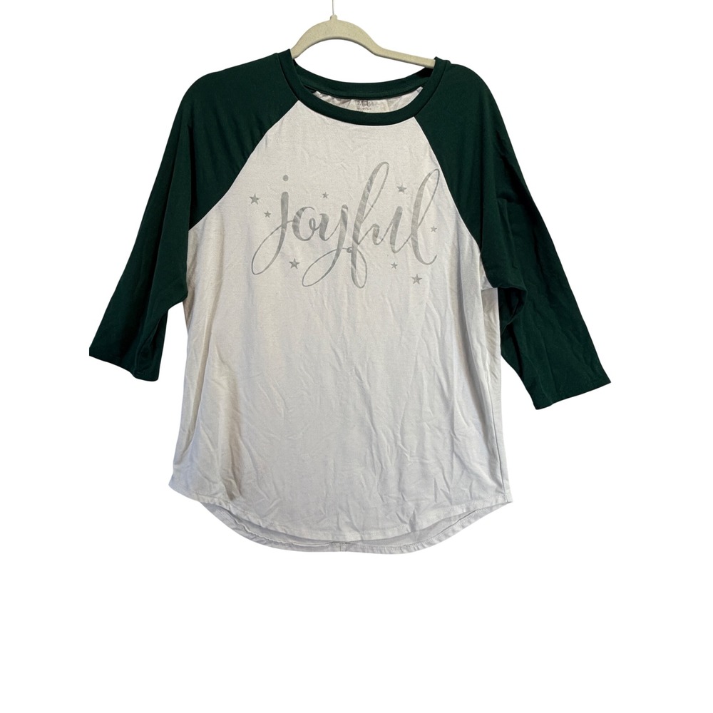 Life of Mine Womens Joyful Graphic Baseball Tee Green White 3/4 Sleeve Medium - Picture 1 of 6